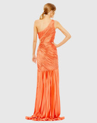 Orange Side Cut-Out One-Shoulder Pleated Gown