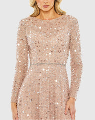 Pink Disc Embellished Sequin Gown with Feather Detail