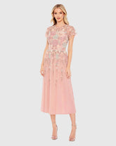Pink Embellished Illusion High Neck Butterfly Sleeve Midi Dress