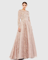 Pink Embellished Illusion Long Sleeve A Line Gown