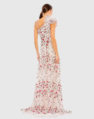 Pink Embellished One Shoulder A Line Floral Gown