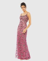 Pink Floral Embellished Scoop Neck Evening Gown