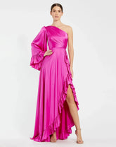 Pink Long One Sleeve Asymmetrical Ruffle Hem Gown