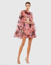Pink Multicolor Floral Print High Neck Ruffle Hem Cape Mini Dress