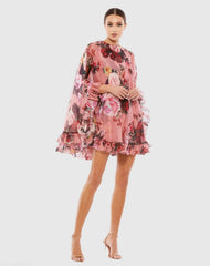 Pink Multicolor Floral Print High Neck Ruffle Hem Cape Mini Dress
