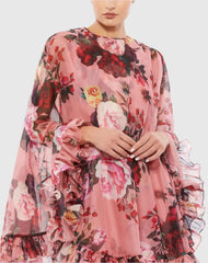 Pink Multicolor Floral Print High Neck Ruffle Hem Cape Mini Dress