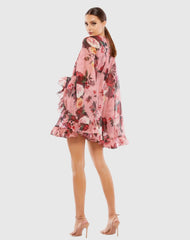 Pink Multicolor Floral Print High Neck Ruffle Hem Cape Mini Dress