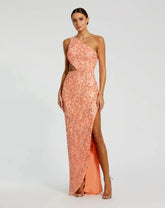 Pink One Shoulder Embellished Gown With Slit