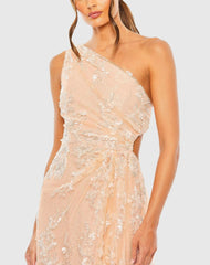 Pink One Shoulder Side Cut Embellished Gown