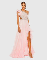 Pink Ruffled One Shoulder Embellished Lace Up Gown