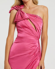 Pink Satin One Shoulder Gown w/ Embellished Bow