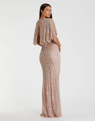 Pink Sequined V Neck Cape Sleeve Gown