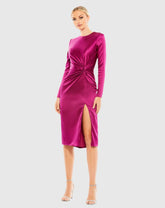 Pink Side Twist Long Sleeve Satin Midi Dress
