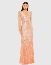 Pink V Neck Empire Waist Puff Shoulder Sequin Embellished Gown