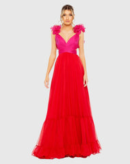 Pink and Red Ruffle Tiered Cut Out Lace Up Chiffon Gown