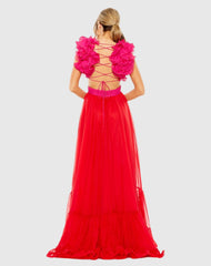 Pink and Red Ruffle Tiered Cut Out Lace Up Chiffon Gown