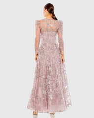 Purple Embroidered Illusion High Neck A Line Dress