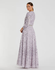 Purple Floral Applique Puff Sleeve High Neck A-Line Gown