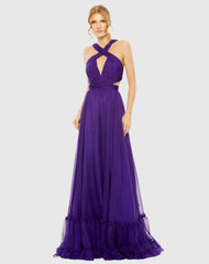 Purple Halter Cutout Keyhole Tiered Gown