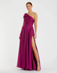 Purple Pleated One Shoulder Chiffon Gown