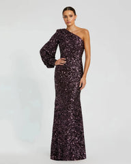 Purple Sequined One Shoulder Bishop Sleeve Trumpet Gown