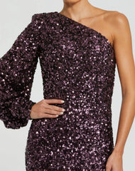 Purple Sequined One Shoulder Bishop Sleeve Trumpet Gown