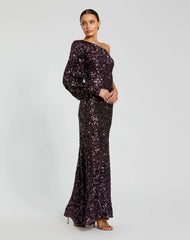 Purple Sequined One Shoulder Bishop Sleeve Trumpet Gown