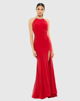 Red Beaded Halter Jersey Gown