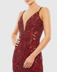 Red Hand Embellished Sleeveless Evening Gown