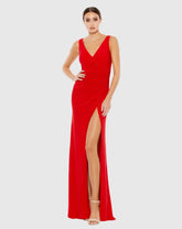 Red Faux Wrap Sleeveless V Neck Gown
