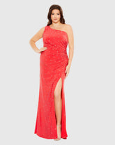 Red Jewel Encrusted Draped One Shoulder Gown (Plus)