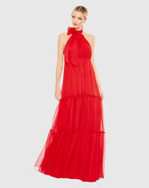 Red Ruched Tiered High Neck Bow A Line Gown