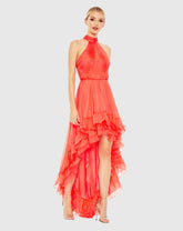 Orange Ruffle Tiered High Low Pleated Halter Neck Gown