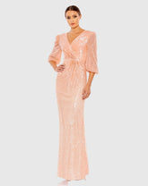 Pink Sequined Faux Wrap Puff Sleeve Gown