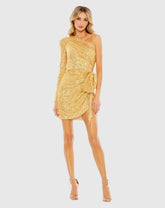 Gold Sequined One Shoulder Draped Side Bow Mini Dress