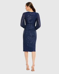 Navy Sequined Puff Sleeve High Neck Dress