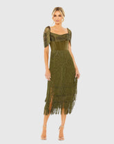 Green Short Sleeve Fringe Detailed Midi Dress