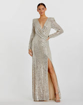 Silver Sequined Long Sleeve Faux Wrap Ruched Gown
