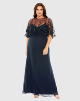 Navy Sleeveless Gown With Embellished Cape (Plus)
