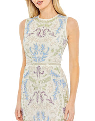 Multicolor Sleeveless Sequined High Neck Midi Sheath Dress