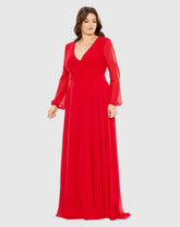Red Split Puff Sleeve Faux Wrap A Line Gown