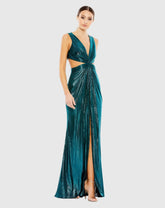 Teal Metallic Cut Out Mermaid Gown with High Slit