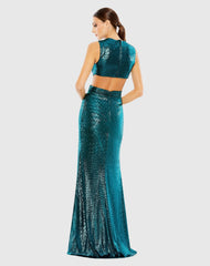 Teal Metallic Cut Out Mermaid Gown with High Slit