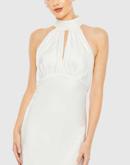 White Keyhole Halter Empire Waist Gown