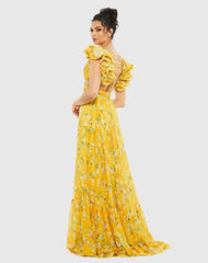 Yellow Ruffle Tiered Floral Cut-Out Chiffon Gown