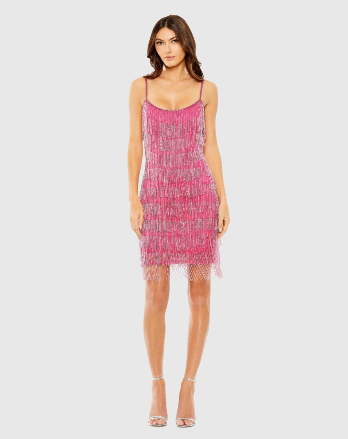 Pink Slim Strap Beaded Fringe Mini Slip Dress