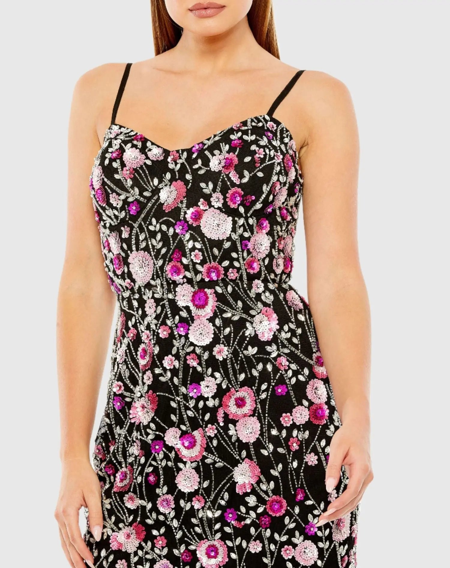 Black Slim Strap Bustier Top Floral Beaded Mini Dress
