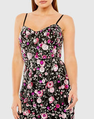 Black Slim Strap Bustier Top Floral Beaded Mini Dress
