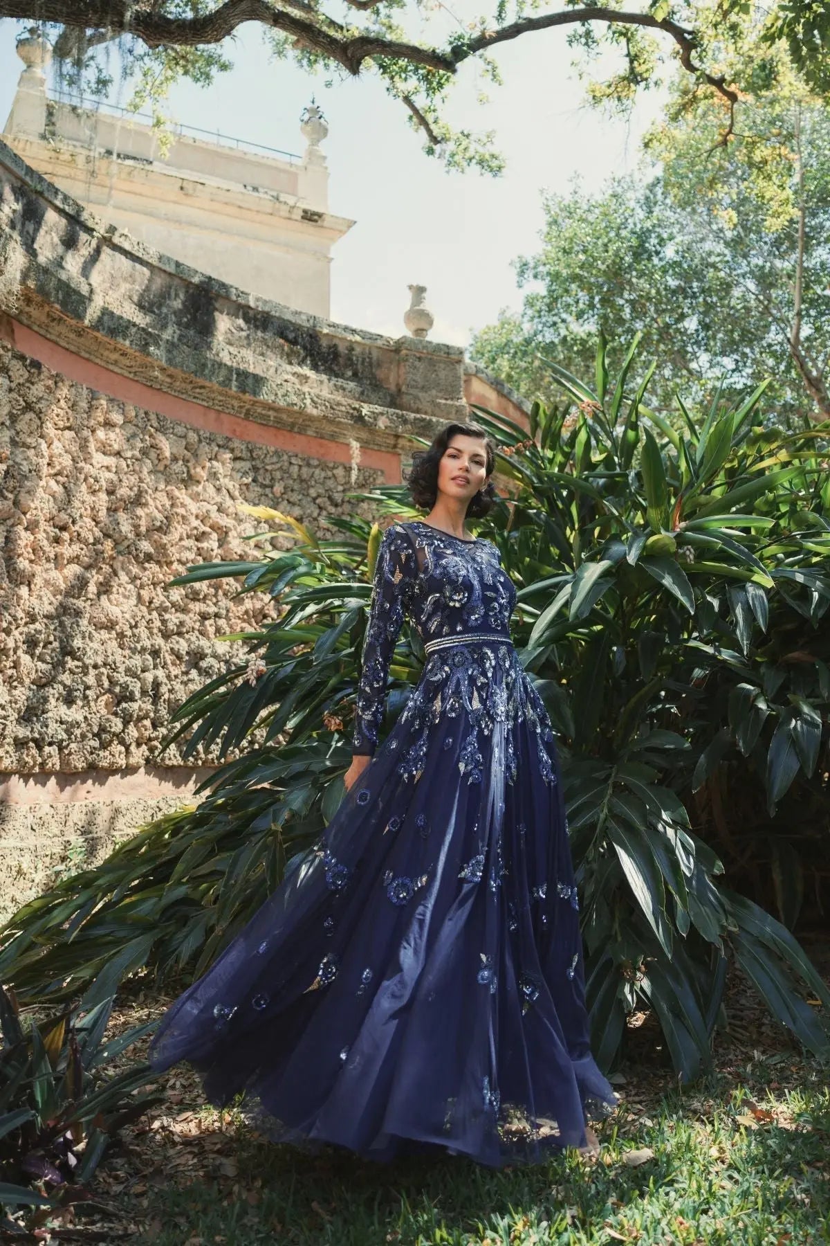 Navy Long Sleeve High Neck Floral Beaded A-line Mesh Gown