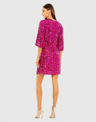 Pink Quarter Sleeve High Neck Sequin Embellished Mini Dress